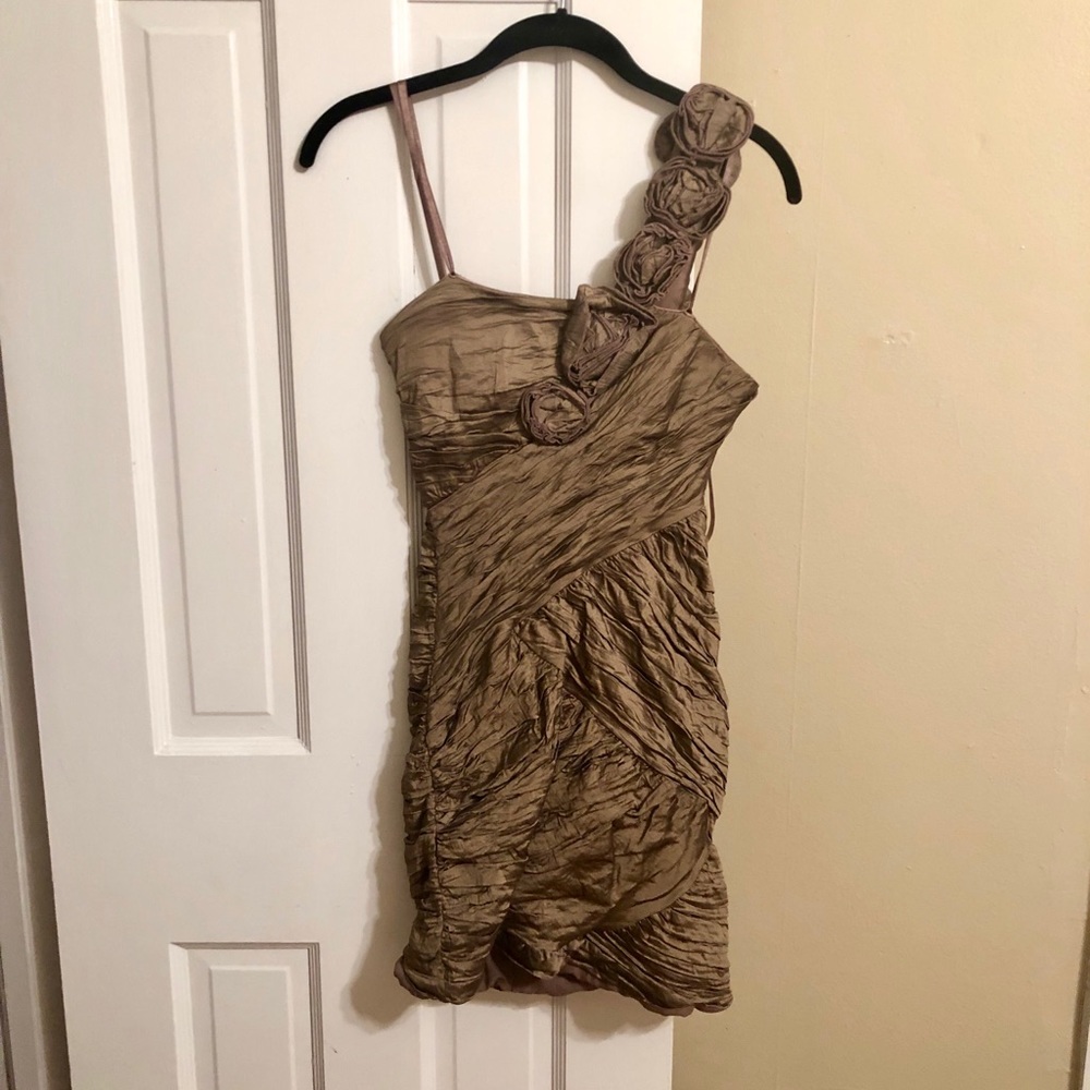 BCBGMaxAzria One-Shoulder Rosette Cocktail Dress in Taupe